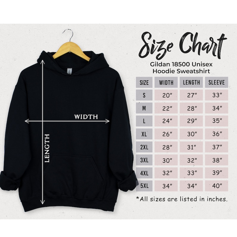 K&ouml;nnte beinhalten: Gr&ouml;&szlig;entabelle f&uuml;r ein schwarzes Unisex-Hoodie-Sweatshirt. Die Tabelle zeigt die Breite, L&auml;nge und &Auml;rmell&auml;nge in Zoll f&uuml;r die Gr&ouml;&szlig;en S bis 5XL.