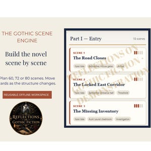 Op de afbeelding: De werkruimte The Gothic Scene Engine bevat de tekst The Gothic Scene Engine, Build the novel scene by scene, Plan 60, 72 or 80 scenes. Move cards as the structure changes. Een lijst toont Part I - Entry met scènes genaamd The Road Closes, The Locked East Corridor en The Missing Inventory. Een rond logo bevat de tekst Reflections on Gothic Fiction.