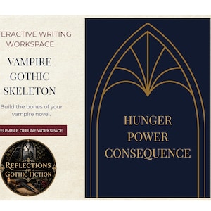 May include: An interactive writing workspace titled Vampire Gothic Skeleton with the text Build the bones of your vampire novel and Reusable Offline Workspace. A dark blue panel features a gold gothic arch and the words Hunger Power Consequence.
