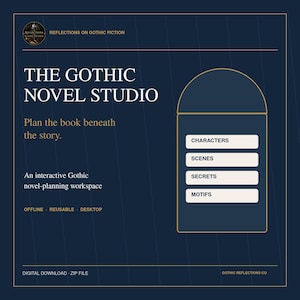 May include: A dark blue digital workspace titled The Gothic Novel Studio. It features the text Plan the book beneath the story and An interactive Gothic novel-planning workspace. A graphic shows four buttons labelled CHARACTERS, SCENES, SECRETS, and MOTIFS.