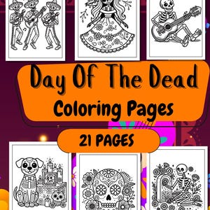 Hojas para colorear para niños del Día de los Muertos Páginas para colorear divertidas para todas las edades Tradiciones mexicanas, esqueletos, calaveras de azúcar / Descarga digital instantánea