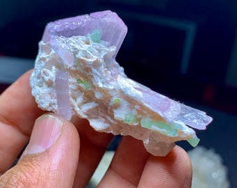 Pink Kunzite etched crystal combine Green tourmaline on Albite specimen, crystal of love,vanniversary gift, birthday present, spodumene