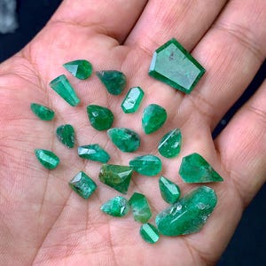 Può includere: Una collezione di 20 pietre preziose di colore verde smeraldo di varie forme e dimensioni, tra cui tagli a pera, ovali e rettangolari. Le pietre preziose sono esposte su una mano.
