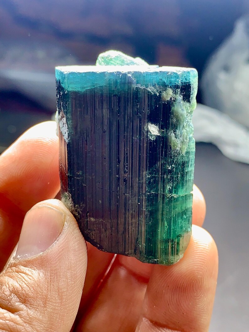 Indikolitblå turmalinkristaller: Terminerad sats, ursprung i Afghanistan, blå kapsylturmalinterminerade kristaller kombinerar tantalitkristaller bild 5