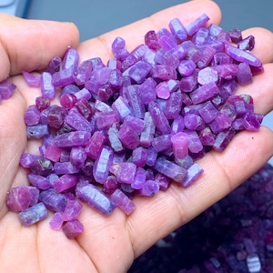 May include: A collection of raw ruby crystals, held in a hand. The crystals are a deep purplish-red colour, with varying shapes and sizes. The gemstones are unpolished, showing their natural, rough texture. The image highlights the natural beauty of the raw gemstones.