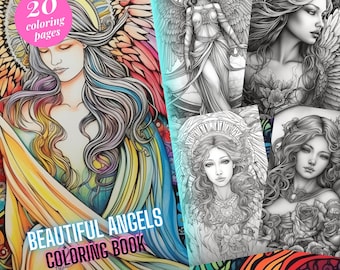 Beautiful Angel Fantasy Coloring Page, Adults + kids Instant Download - Grayscale Coloring Page Printable PDF, Celestial Angel coloring book