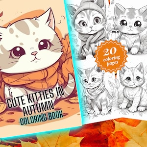 20 Baby Kittens, Autumn Coloring Page Book, Adults, kids- Instant Download Grayscale Coloring Page, Printable PDF, Kitten coloring, Cat cute