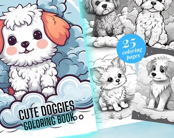 Cute Puppy, 35 Coloring Pages for Adult + Kids - Instant Download, Grayscale coloring pages, Cute Dogs coloring, kids Coloring Pages