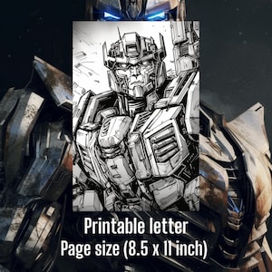 May include: Black and white line art illustration of a robot, a Transformer, with a detailed design. The image is printable and measures 8.5 x 11 inches.