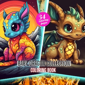 Baby Dragon Fantasy Coloring Bundle Page Book, Adults + kids- Instant Download Grayscale Coloring Page, Printable PDF, Dragons coloring book