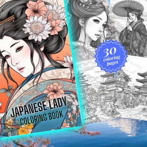 Beautiful Japanese Ladies  Coloring Book - Japanese Coloring sheets, grayscale, Adult coloring pages, Downloadable PDF, Instant Download