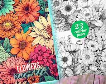 Página para colorir de flores, adultos + crianças - download instantâneo - página para colorir em tons de cinza - presente, PDF para impressão, arte de flores, avançado, páginas para colorir