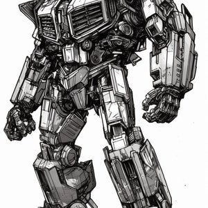 May include: A black and white line drawing of a robot in a standing pose. The robot has a large, boxy body with a detailed, mechanical design. The robot has a large head with a visor and a small mouth.