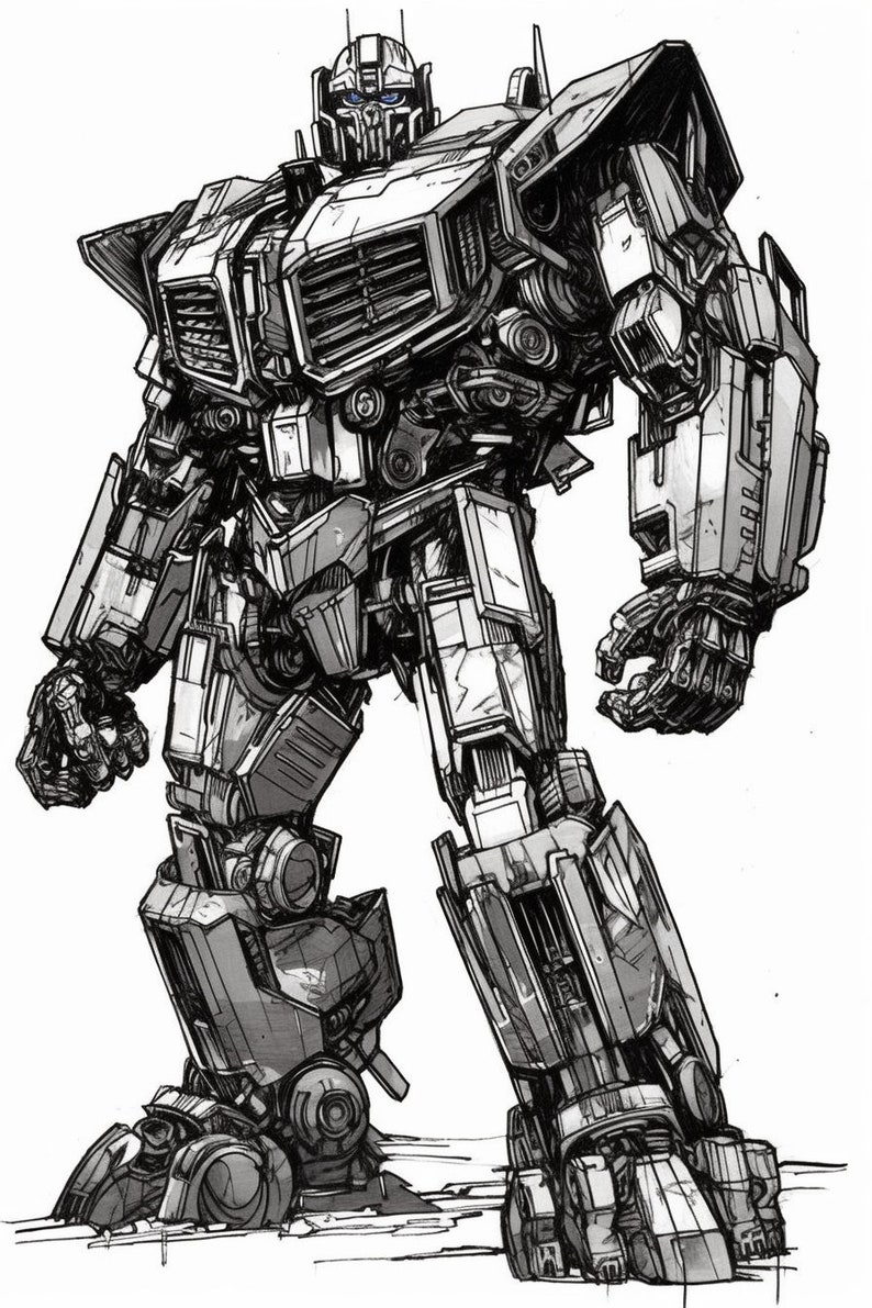 May include: A black and white line drawing of a robot in a standing pose. The robot has a large, boxy body with a detailed, mechanical design. The robot has a large head with a visor and a small mouth.