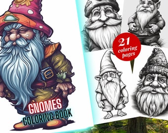 Gnome Coloring Book, Adults kids Instant Download - Grayscale Coloring Page - Printable PDF, gnomes, gnomes coloring book, fantasy coloring