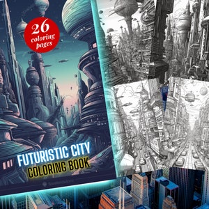 Futuristic City Buildings Coloring Pages, City Coloring Book with Skyscrapers,Coloring Pages for Adults Flying cars Futuristic coloring book