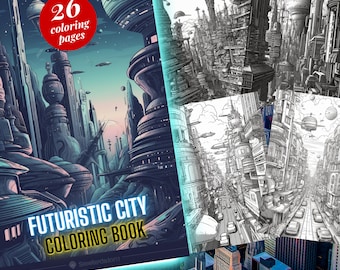 Futuristic City Buildings Coloring Pages, City Coloring Book with Skyscrapers,Coloring Pages for Adults Flying cars Futuristic coloring book
