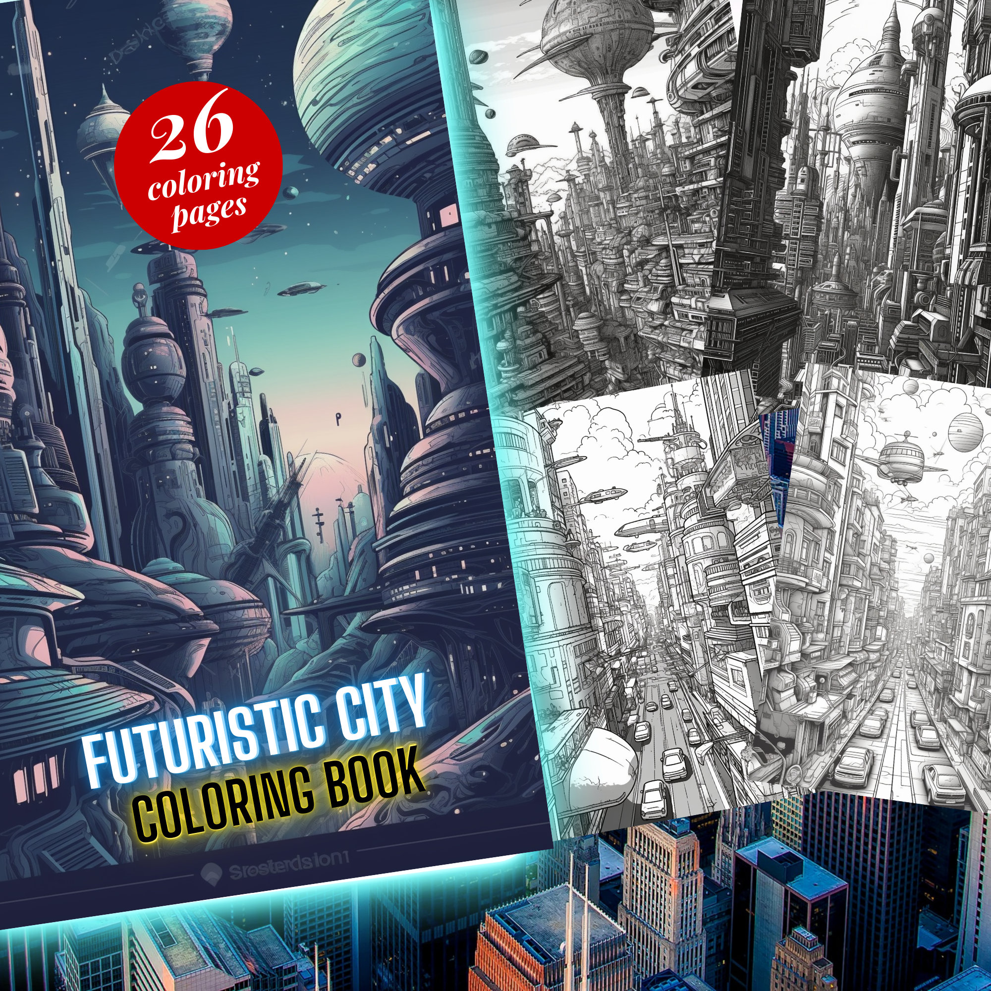 未来的な都市のグラフィックアート 未来都市の建物の塗り絵、高層ビルのある都市の塗り絵、大人向け