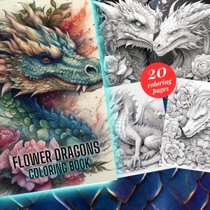 20 Flower Dragon Fantasy Coloring Page Book, Adults + kids- Instant Download - Grayscale Coloring Page, Printable PDF, Dragons coloring,