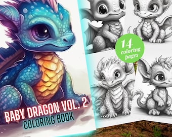 Vol 2 Baby Dragon Fantasy Coloring Page Book, Adults + kids- Instant Download Grayscale Coloring Page, Printable PDF, Dragons coloring book