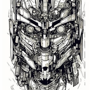 May include: A detailed black and white line drawing of a robot's head. The robot's face is made up of many intricate gears and mechanical parts.