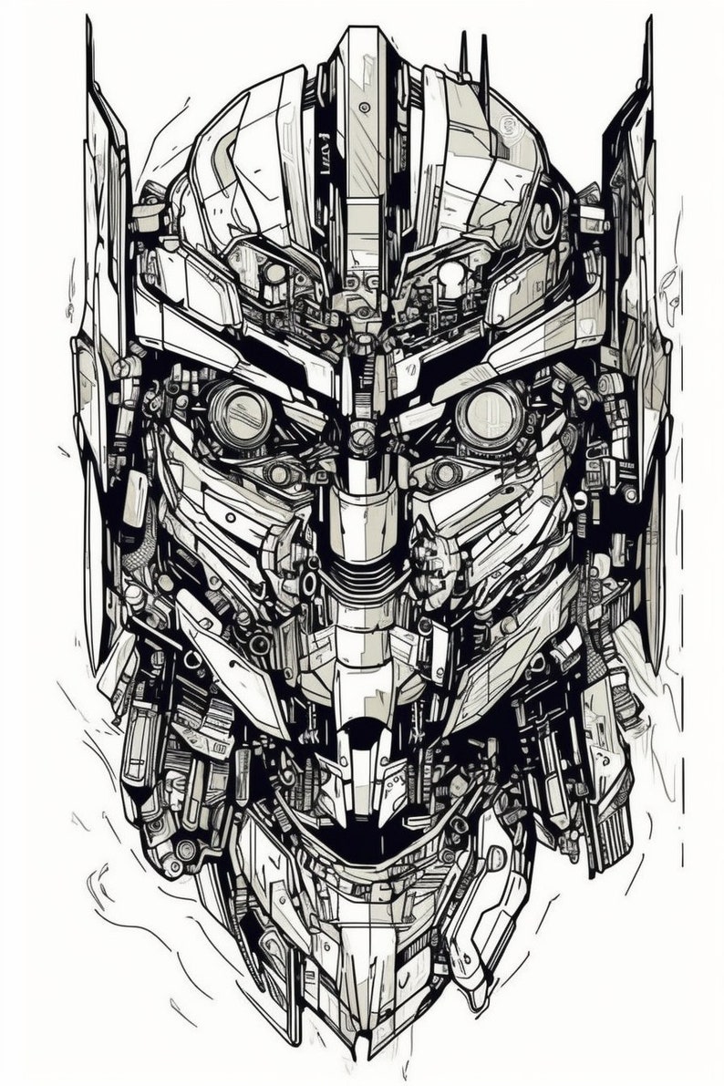 May include: A detailed black and white line drawing of a robot's head. The robot's face is made up of many intricate gears and mechanical parts.