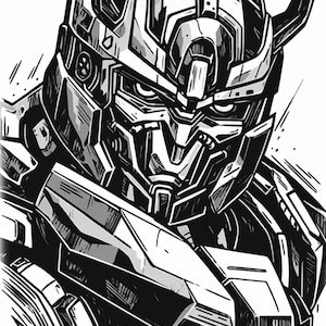 May include: Black and white illustration of a robot with a detailed, futuristic design. The robot has a large head with a visor and sharp, angular features.