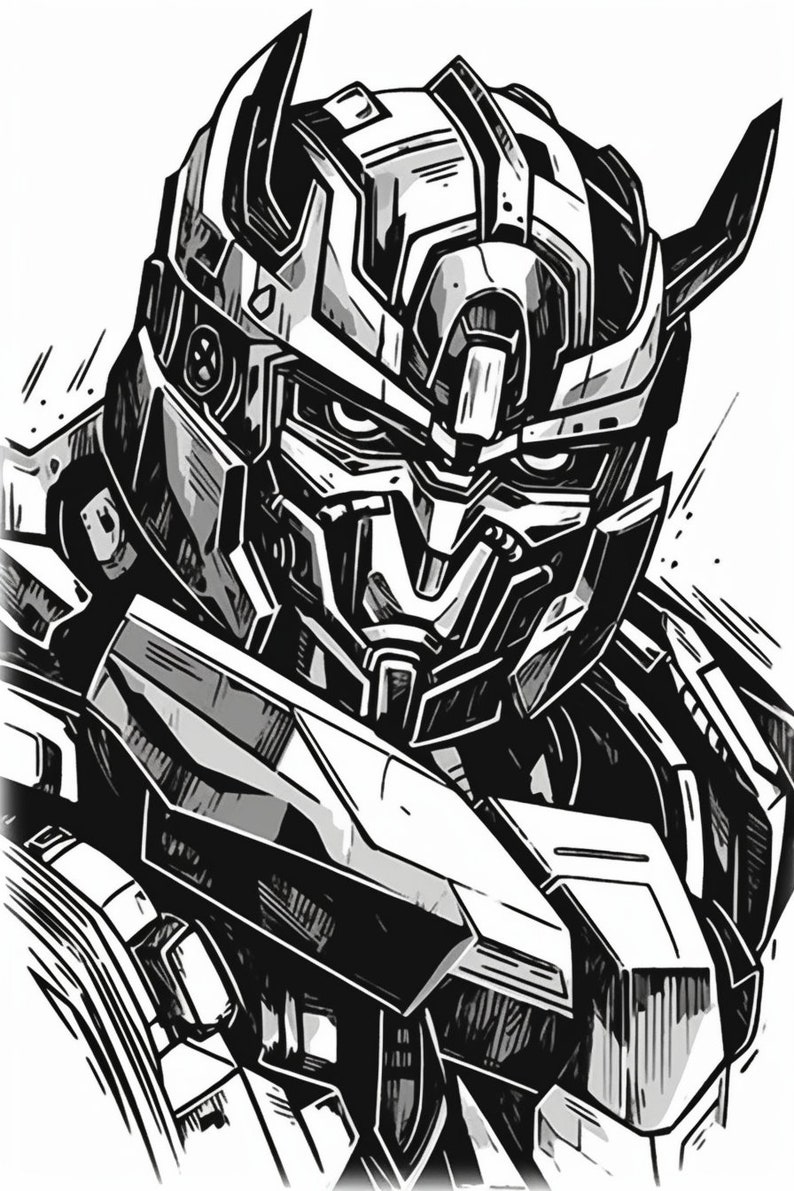 May include: Black and white illustration of a robot with a detailed, futuristic design. The robot has a large head with a visor and sharp, angular features.