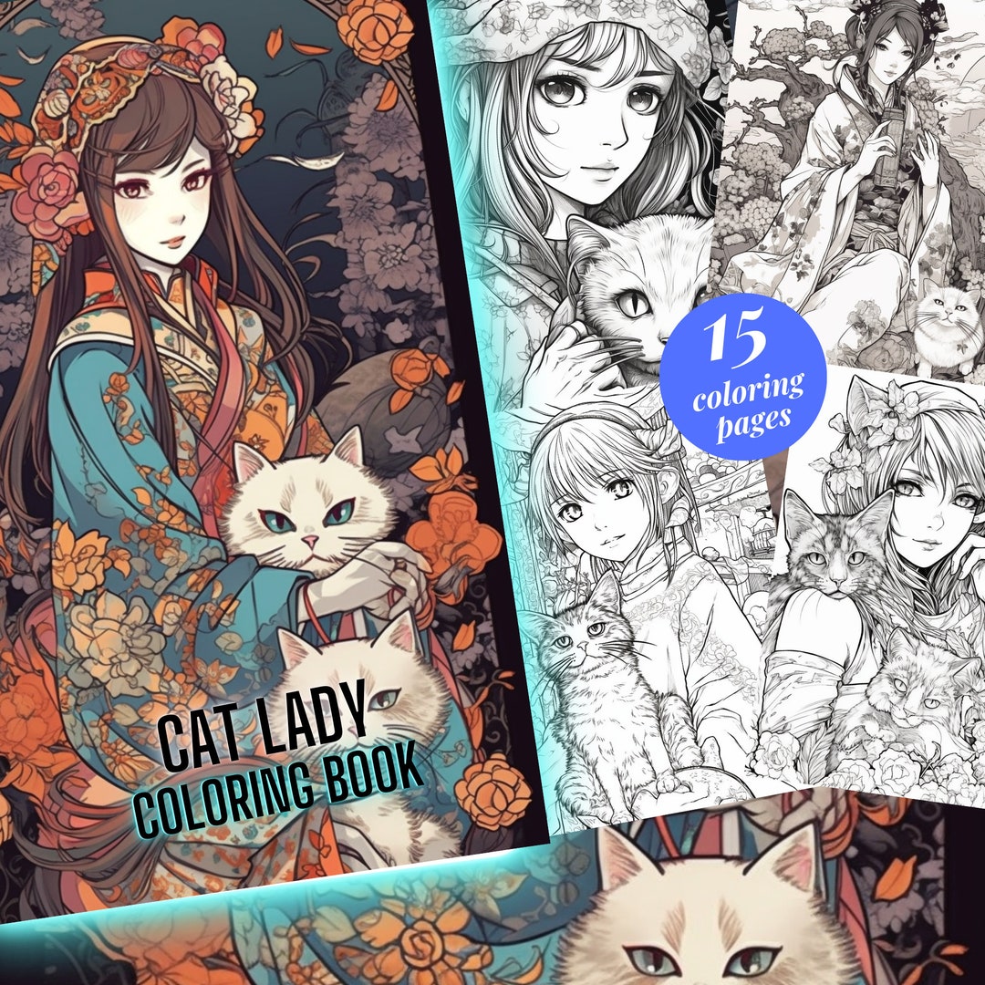 Cat Lady Coloring Page Book, Adults + Kids- Instant Download ...