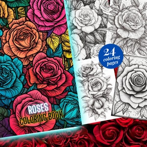 Rose Coloring Page, Adults + kids- Instant Download - Grayscale Coloring Page - Gift, Printable PDF, flower art, roses coloring sheets
