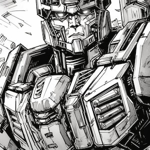 May include: Black and white illustration of a robot with a detailed, mechanical design. The robot has a large head with a visor and a complex body with many gears and panels.