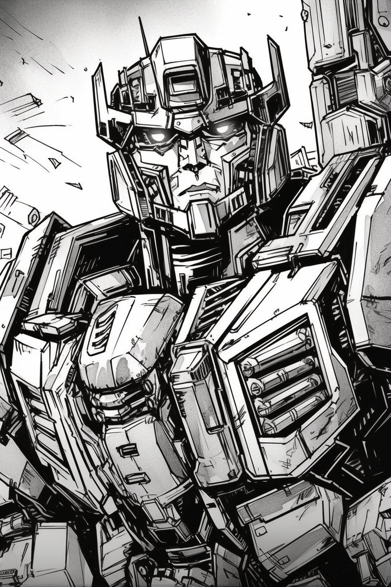 May include: Black and white illustration of a robot with a detailed, mechanical design. The robot has a large head with a visor and a complex body with many gears and panels.