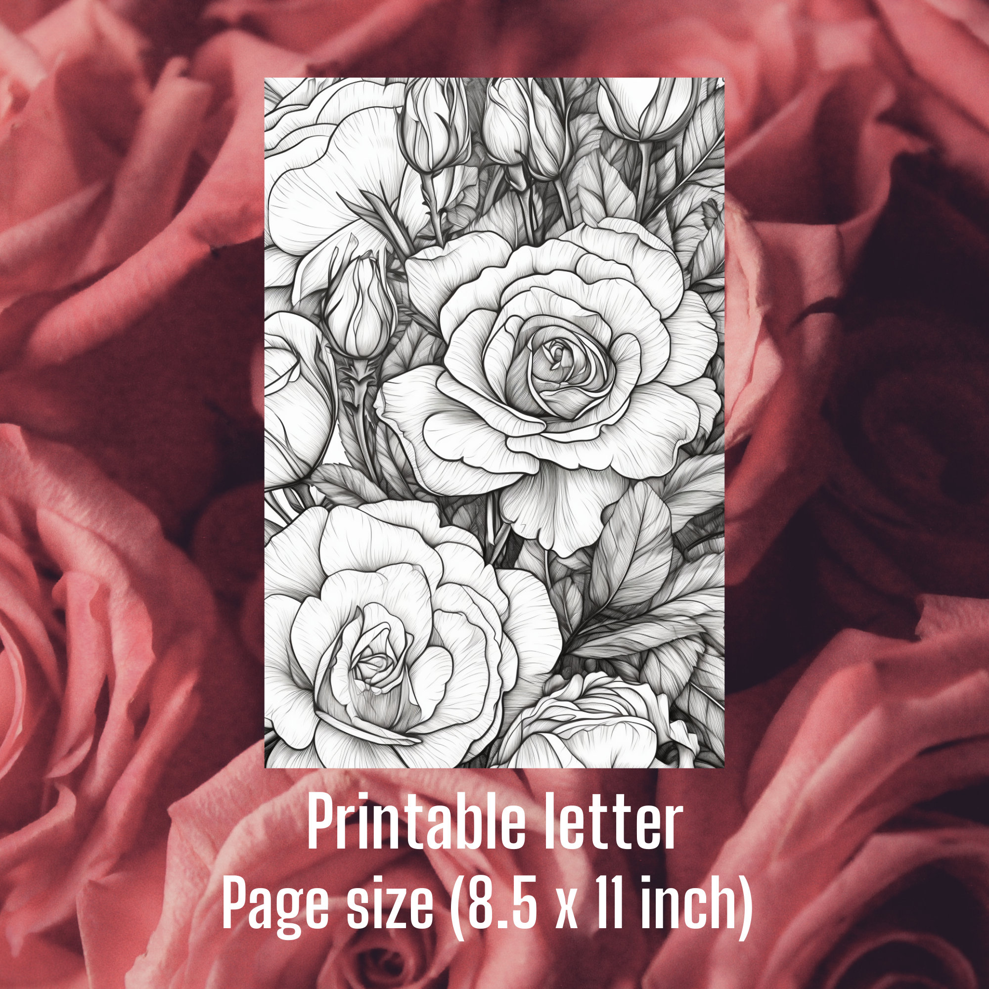 Rose Coloring Page, Adults + Kids- Instant Download - Grayscale