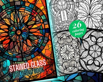 May include: A coloring book with 26 pages featuring stained glass designs. The cover shows a colorful stained glass window with a floral pattern.
