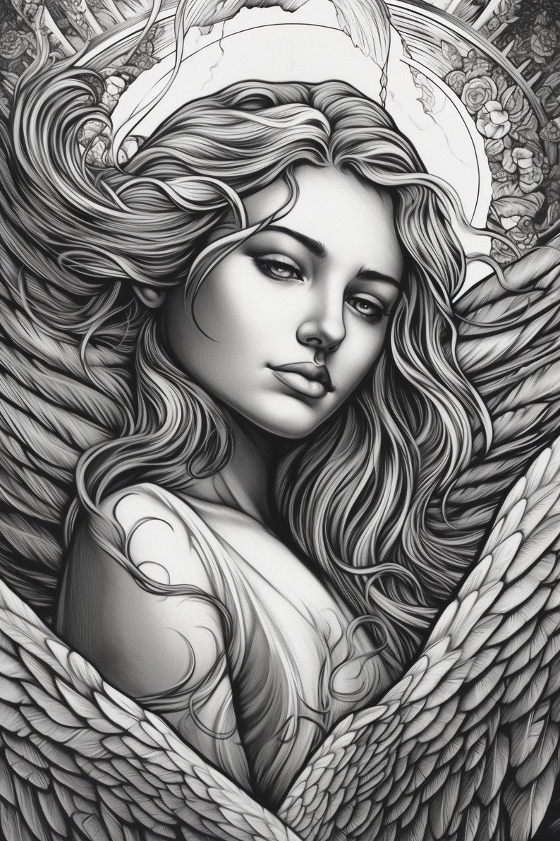 Beautiful Angel Fantasy Coloring Page Adults Kids Instant - Etsy