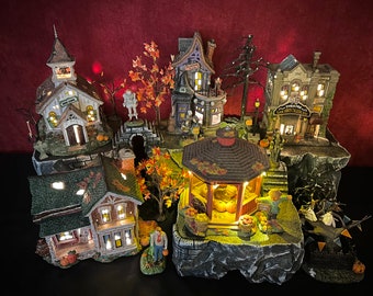 Set of 4 Riser Display Platforms + Bridge & Staircase (Houses NOT Included) for Dept 56/Lemax Villages - In 5 Colors for Christmas/Halloween