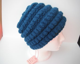 Hand Knitted Hat Toque Adult Size -X L Wool Dark Blue - 034 Hand knit by me