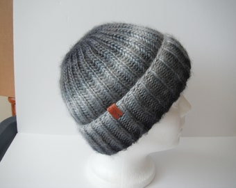 Hand Knitted Hat Toque Adult Size - S Acrylic Black/Gray - 032. Hand knit by me