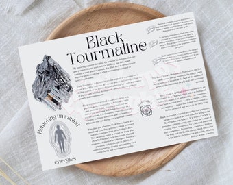 May include: Black Tourmaline crystal with a white background. The text "Removing unwanted energies" is written in black. The text "Black Tourmaline" is written in black with a white outline. The text describes the properties of the crystal and its uses in healing.