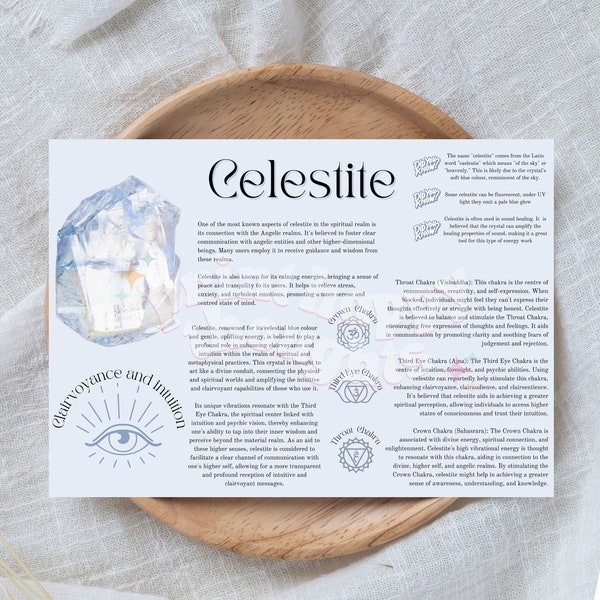 Celestite Crystal Card Meaning Crystal Poster Chakra Crystal Print Crystal Energy Poster Spiritual Print Crystal Shop Decor Angel Crystal