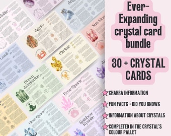 May include: A set of 30+ printable crystal cards featuring illustrations of different crystals, each with information about their chakra, fun facts, and properties. The cards are designed in a colorful and visually appealing style, with each card matching the color of the crystal it represents. The text on the cards includes phrases like "Chakra Information", "Fun Facts + Did You Know", "Information About Crystals", and "Completed in the Crystal's Colour Pallet".