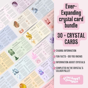 Pacote de cartão de cristal presente para amante de pedras preciosas, cartão de significado de cristal para impressão, definição de cristal, quartzo rosa, citrino, quartzo transparente