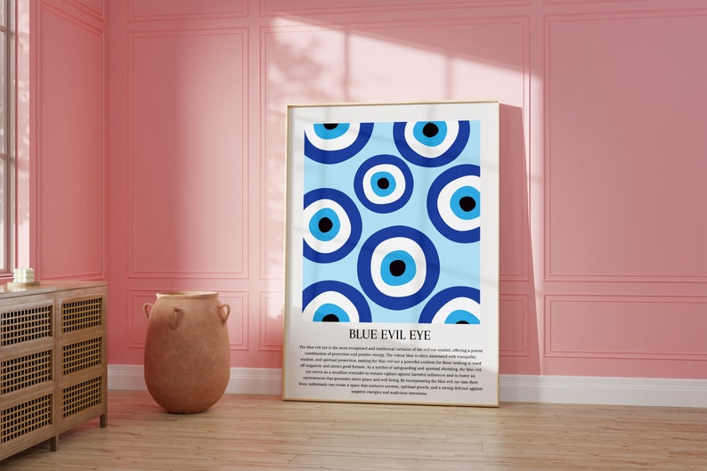 May include: A framed print with a blue background and a pattern of blue evil eyes. The text "BLUE EVIL EYE" is at the bottom of the print. The text below the title describes the meaning and history of the evil eye.