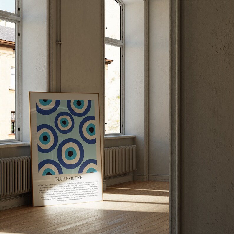 May include: A framed print with a blue and white pattern of evil eyes. The print has a gold frame and is leaning against a white wall. The text "BLUE EVIL EYE" is printed below the pattern. The text below the title describes the meaning of the evil eye.