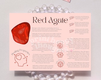 May include: Red Agate crystal with healing properties. The image shows a red agate stone with a heart symbol and text describing its healing properties. The text mentions that red agate is believed to enhance mental functions, clear mental blocks, and promote emotional balance.