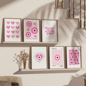 12 impresiones rosadas del mal de ojo cartel rosa estudio de yoga impresión rosa Nazar pared arte mal ojo cartel paquete Nazar encanto impresión cartel estético rosa