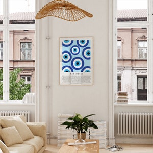 May include: A framed print with a blue and white pattern of evil eyes, also known as Nazar Boncugu, a Turkish amulet believed to ward off the evil eye. The print has the text "BLUE EVIL EYE" at the bottom.