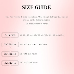 May include: A size guide for printable images, showing different aspect ratios and corresponding sizes in inches. The guide includes A-Series sizes, 2x3, 3x4, and 4x5 ratios.