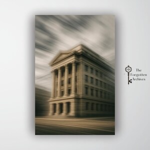 May include: Sepia-toned print of a classical building with columns and a pediment. The image has a blurred effect, suggesting motion or a vintage aesthetic. The building is set against a cloudy sky.