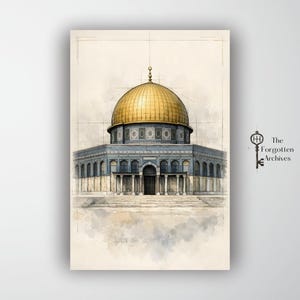 Puede incluir: Impresión en acuarela de la Cúpula de la Roca, con una cúpula dorada y una fachada azul y blanca. La obra de arte tiene una estética vintage con líneas de bocetos arquitectónicos y el texto "The Forgotten Archives".